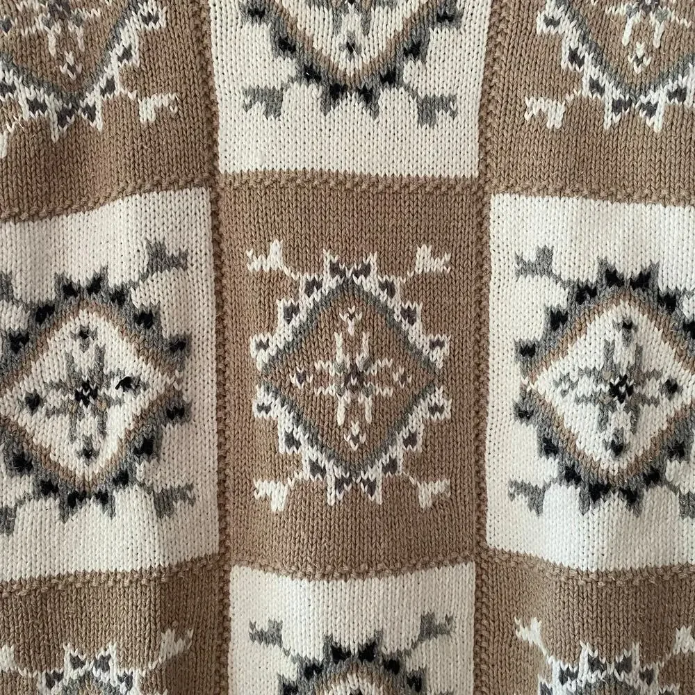 Vintage Russ Sport Grannycore White Brown Knit Chunky Crewneck Sweater Medium